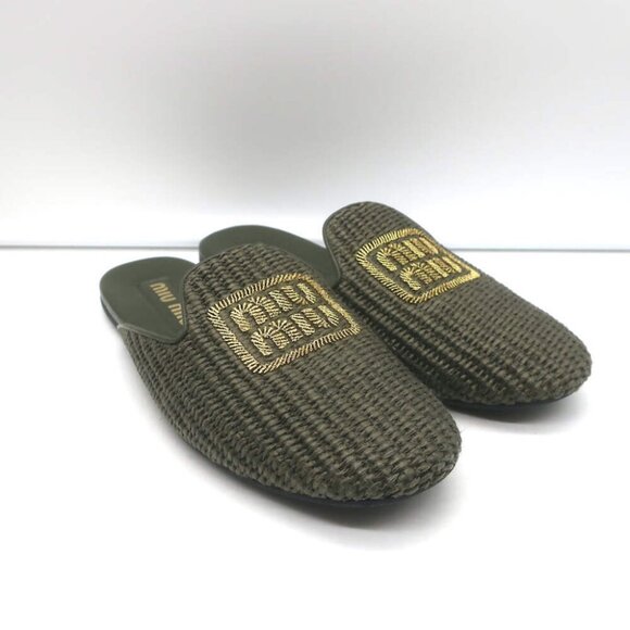 Miu Miu Raffia-Effect Logo Slippers Military Green Size 38.5 Flat Mules - Picture 1 of 11